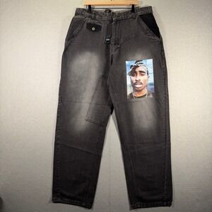 Vintage Makaveli Mens Black Wash‎ Denim Jeans Tupac Graphic Print Size 40 Y2K